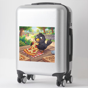 Pegatina Cría de mirlo negro dibujado comiendo pizza