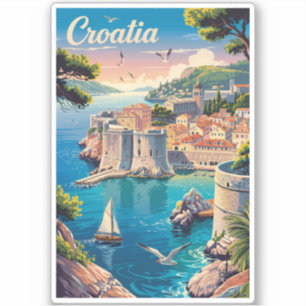 Pegatina Croacia Dubrovnik Ilustración Arte de Viaje Vintag