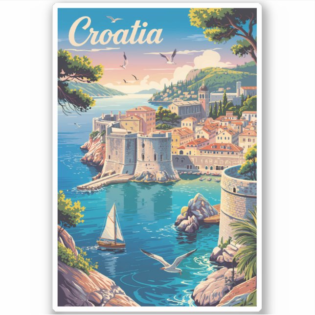 Pegatina Croatia Dubrovnik Illustration Travel Art Vintage (Anverso)