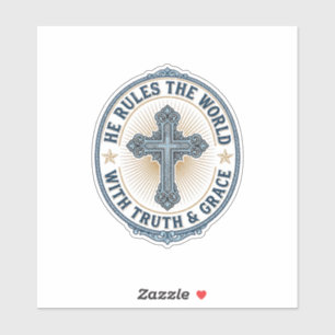 Pegatina Cruz Cristiana Él Gobierna el Mundo