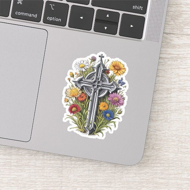 Pegatina Cruz gótica con flores silvestres (Detalle)