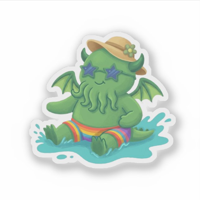 Pegatina Cthulhu bebé jugueteando en el agua (Anverso)