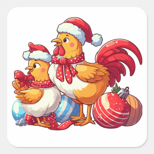 Pegatina Cuadrada С pollos de Navidad, pollos de granja de Navidad (Anverso)