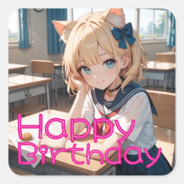 PEGATINA CUADRADA セーラー服を着た猫耳の少女