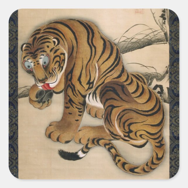 Pegatina Cuadrada 図 虎, 冲 Tigre 若, Jakuchu (Anverso)
