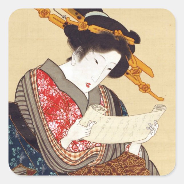 Pegatina Cuadrada 女, 国 貞 Mujer, Kunisada, Ukiyo-e (Anverso)