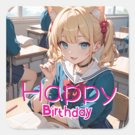 PEGATINA CUADRADA 教室にいる猫耳の少女