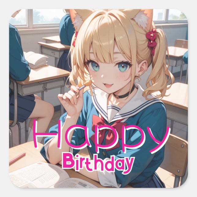 PEGATINA CUADRADA 教室にいる猫耳の少女 (Anverso)