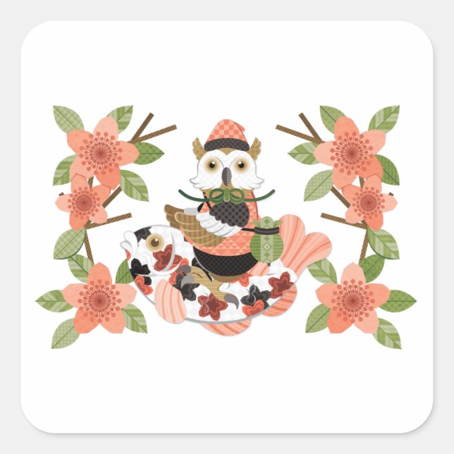 Pegatina Cuadrada 梟と鯉／An owl and a carp (Anverso)
