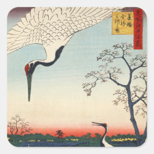 Pegatina Cuadrada 江戸の鶴, grúa del 広重 de Edo, Hiroshige