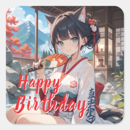 PEGATINA CUADRADA 温泉に入る猫耳娘