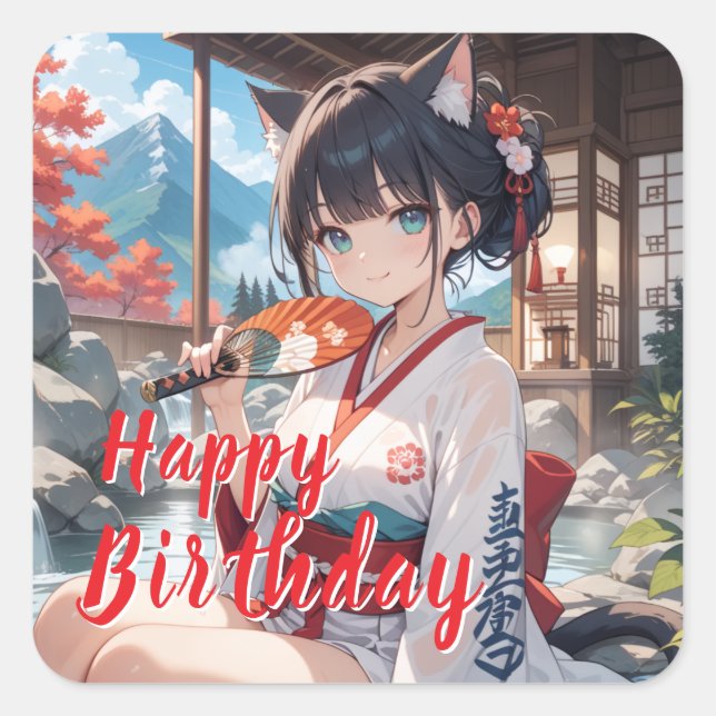 PEGATINA CUADRADA 温泉に入る猫耳娘 (Anverso)