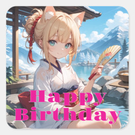 PEGATINA CUADRADA 温泉に来た猫耳娘