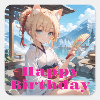 PEGATINA CUADRADA 温泉に来た猫耳娘