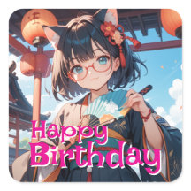 着物を着て扇子を持っている猫耳少女