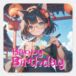 PEGATINA CUADRADA 着物を着て扇子を持っている猫耳少女