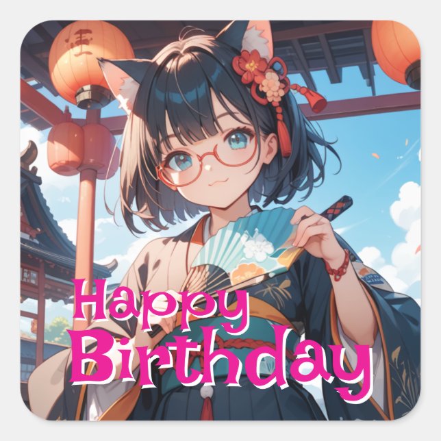 PEGATINA CUADRADA 着物を着て扇子を持っている猫耳少女 (Anverso)