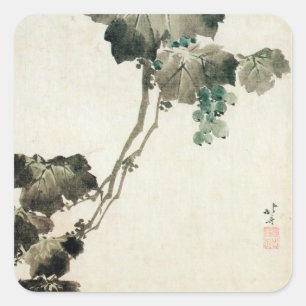 Pegatina Cuadrada 萄 葡, 北 斎 uva, Hokusai