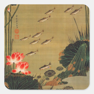 Pegatina Cuadrada 蓮 池 遊 魚 図, 若 Pond con el Lotus, Jakuchū