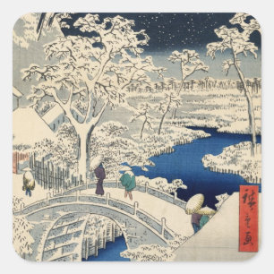 Pegatina Cuadrada 雪 の 太 鼓 橋, 広 puente de tambor nevado, Hiroshige, U