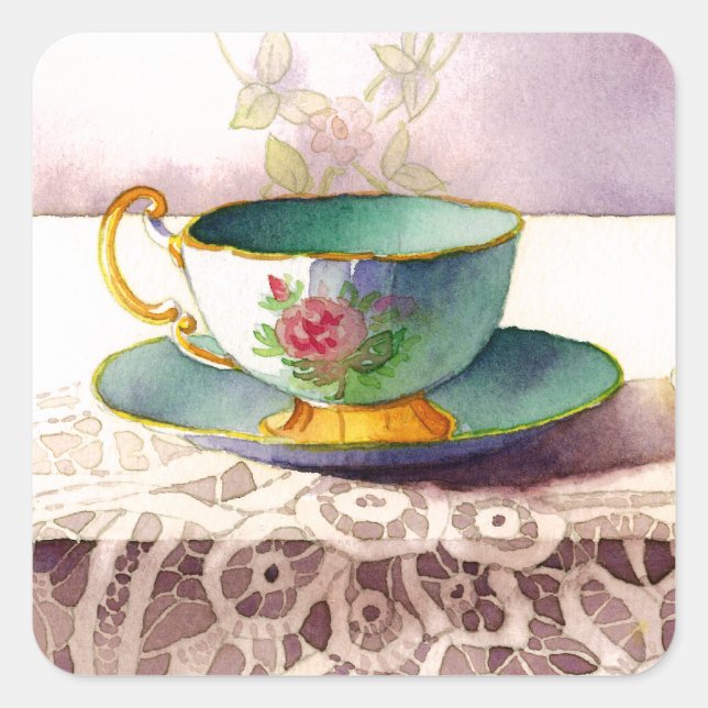 Pegatina Cuadrada 0001 Teacup on Lace Stickers (Anverso)