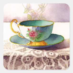 Pegatina Cuadrada 0001 Teacup on Lace Stickers