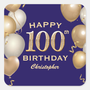 Pegatina Cuadrada 100.º Balón azul y oro de la Marina del cumpleaños