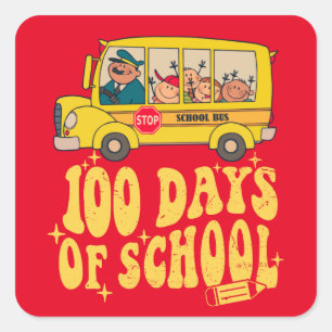 Pegatina Cuadrada 100 días de escuela - Autobús escolar