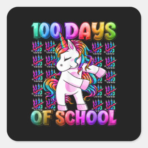 Pegatina Cuadrada 100 días de escuela Unicorn 100 días más inteligen