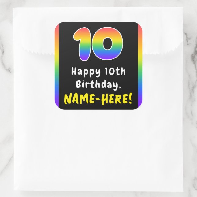 Pegatina Cuadrada 10.º cumpleaños: Espectro arcoiris # 10, nombre pe (Bolso)