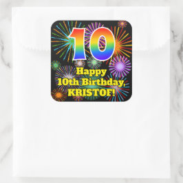 Pegatina Cuadrada 10.º cumpleaños: Fuegos artificiales divertidos, a