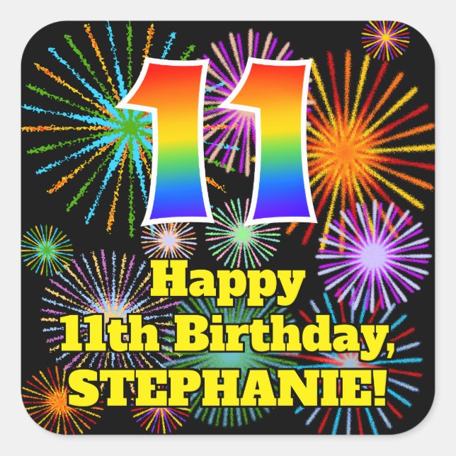 Pegatina Cuadrada 11º cumpleaños: Divertidos fuegos artificiales, ar (Anverso)
