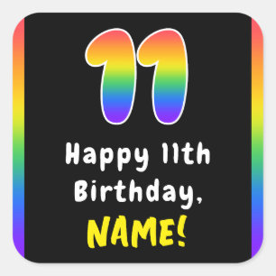 Pegatina Cuadrada 11º cumpleaños: Espectro arcoiris # 11, nombre per