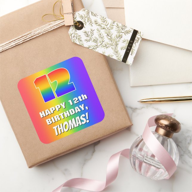 Pegatina Cuadrada 12.º cumpleaños: Colorido, divertido patrón arcoir (Regalar)
