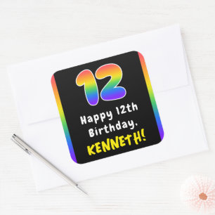 Pegatina Cuadrada 12.º cumpleaños: Espectro arcoiris # 12, nombre pe