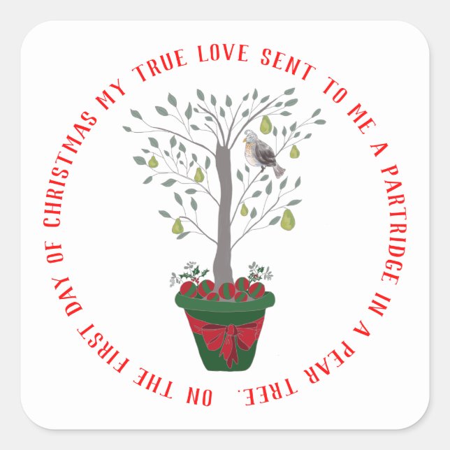 Pegatina Cuadrada 12 días de perdiz de Navidades en un árbol de pera (Anverso)