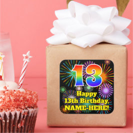 Pegatina Cuadrada 13.º cumpleaños: aspecto de los fuegos artificiale
