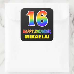 Pegatina Cuadrada 16º cumpleaños: audaz, divertido, simple, arcoiris