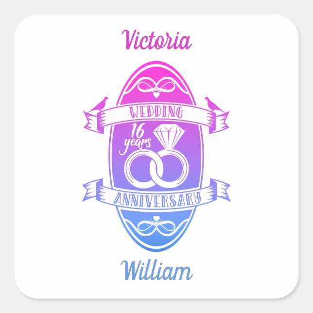 Pegatina Cuadrada 16 Aniversario del 16º boda (Anverso)
