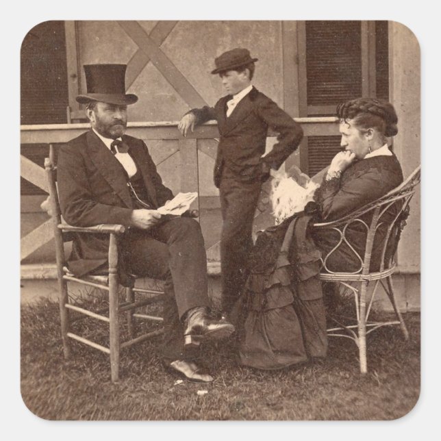 Pegatina Cuadrada 1872 Subvención presidencial con familia en cabaña (Anverso)