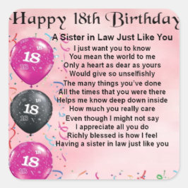 Pegatina Cuadrada 18 Aniversario - Hermana en poema de ley