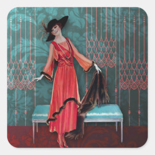Pegatina Cuadrada 1913 de lujo: Moda del vintage en rojo y turquesa