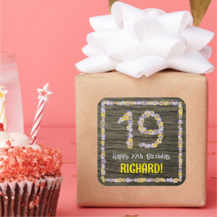 Pegatina Cuadrada 19.º cumpleaños: número de flores, aspecto de made