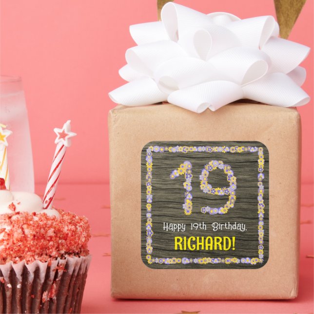 Pegatina Cuadrada 19.º cumpleaños: número de flores, aspecto de made (Fiesta)