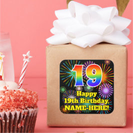 Pegatina Cuadrada 19° cumpleaños: Divertidos fuegos artificiales, ar
