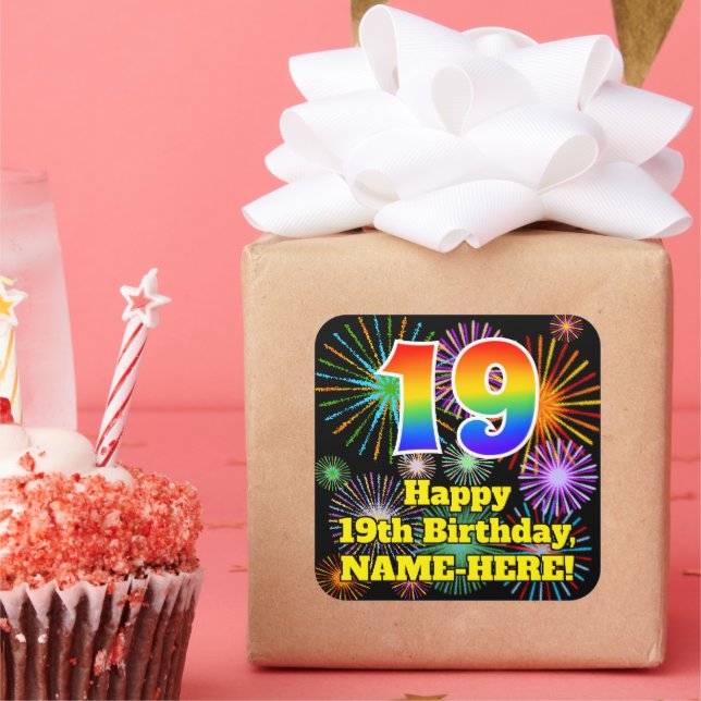 Pegatina Cuadrada 19° cumpleaños: Divertidos fuegos artificiales, ar (Fiesta)