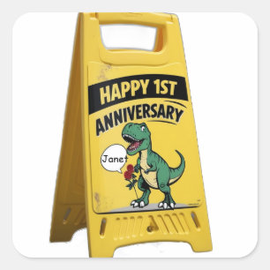 Pegatina Cuadrada 1.ᵉʳ aniversario trex rosas rojas símbolo amarillo