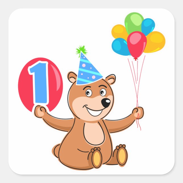 Pegatina Cuadrada 1.ᵉʳ Balón de oso marrón de cumpleaños (Anverso)