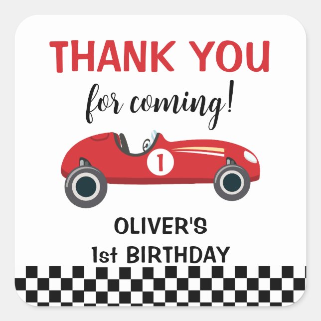 Pegatina Cuadrada 1.ᵉʳ coche de Carreras de cumpleaños gracias (Anverso)