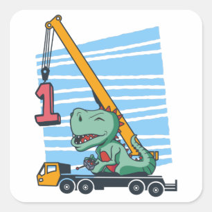 Pegatina Cuadrada 1.ᵉʳ cumpleaños 1 año Dinosaurio de grúa móvil